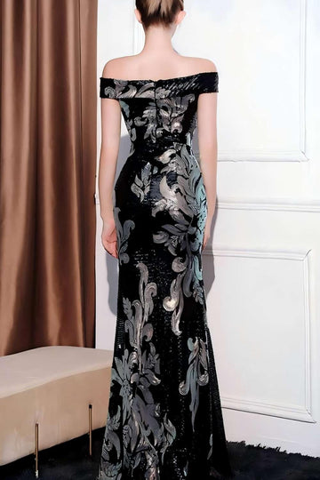 Vestido de fiesta largo de sirena negra con hombros descubiertos de flor brillante con abertura